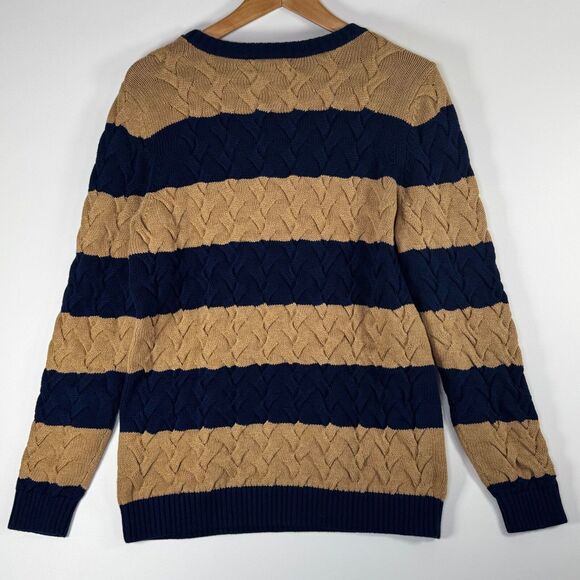 Lands End Women Drifter Sweater Medium Blue Tan Stripe Braided Cable Knit Preppy - Picture 3 of 13